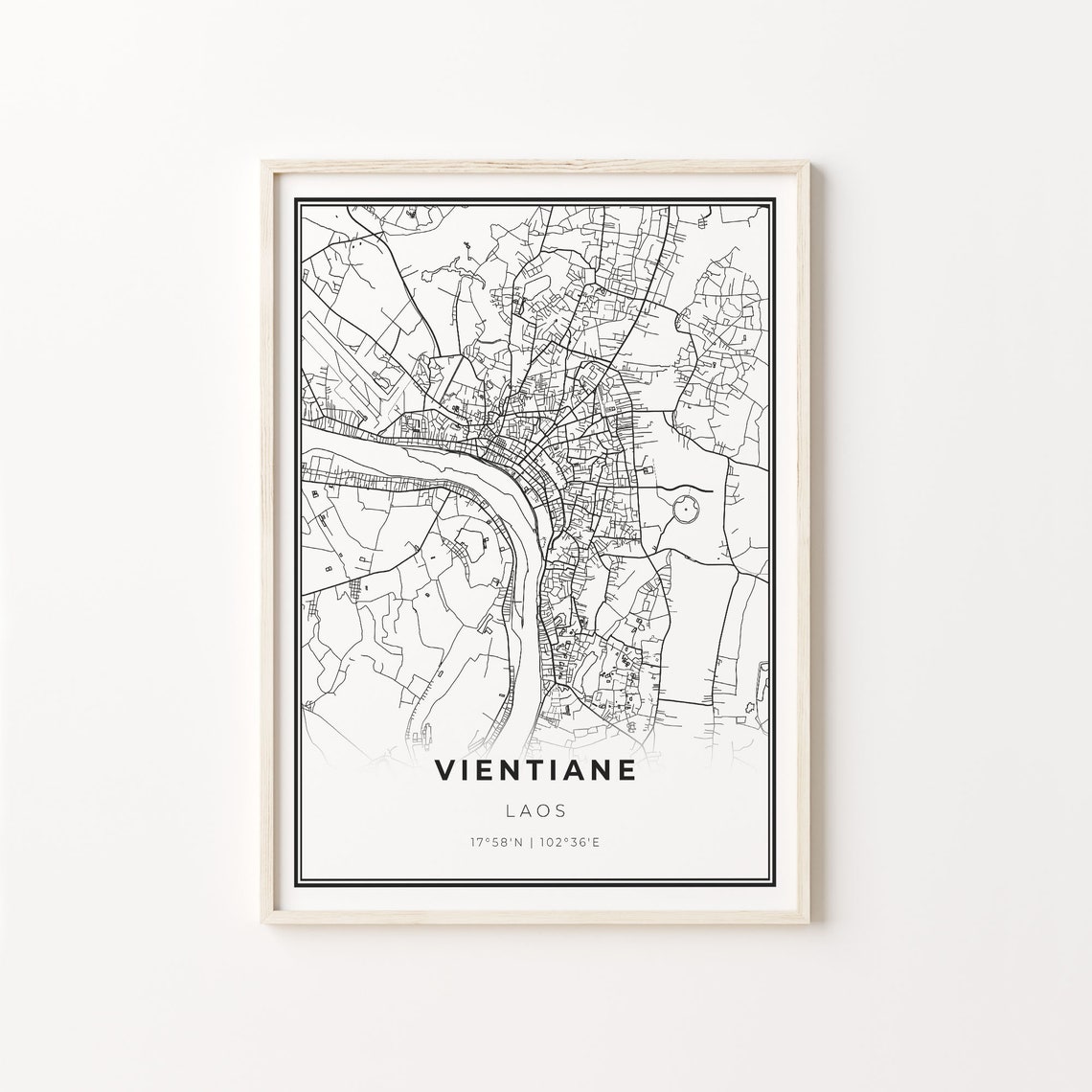 Vientiane Laos Modern Black And White Street Map Coordinates Poster