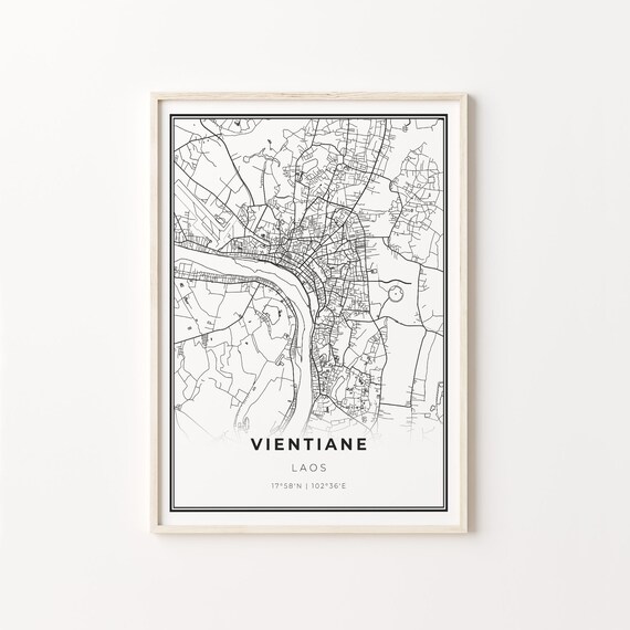 Vientiane Laos Modern Black And White Street Map Coordinates Poster