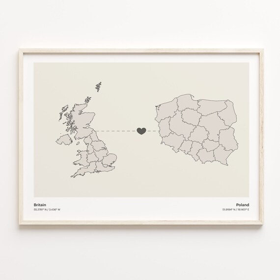 Britain To Poland Minimalist Country Heart Connection Map Poster