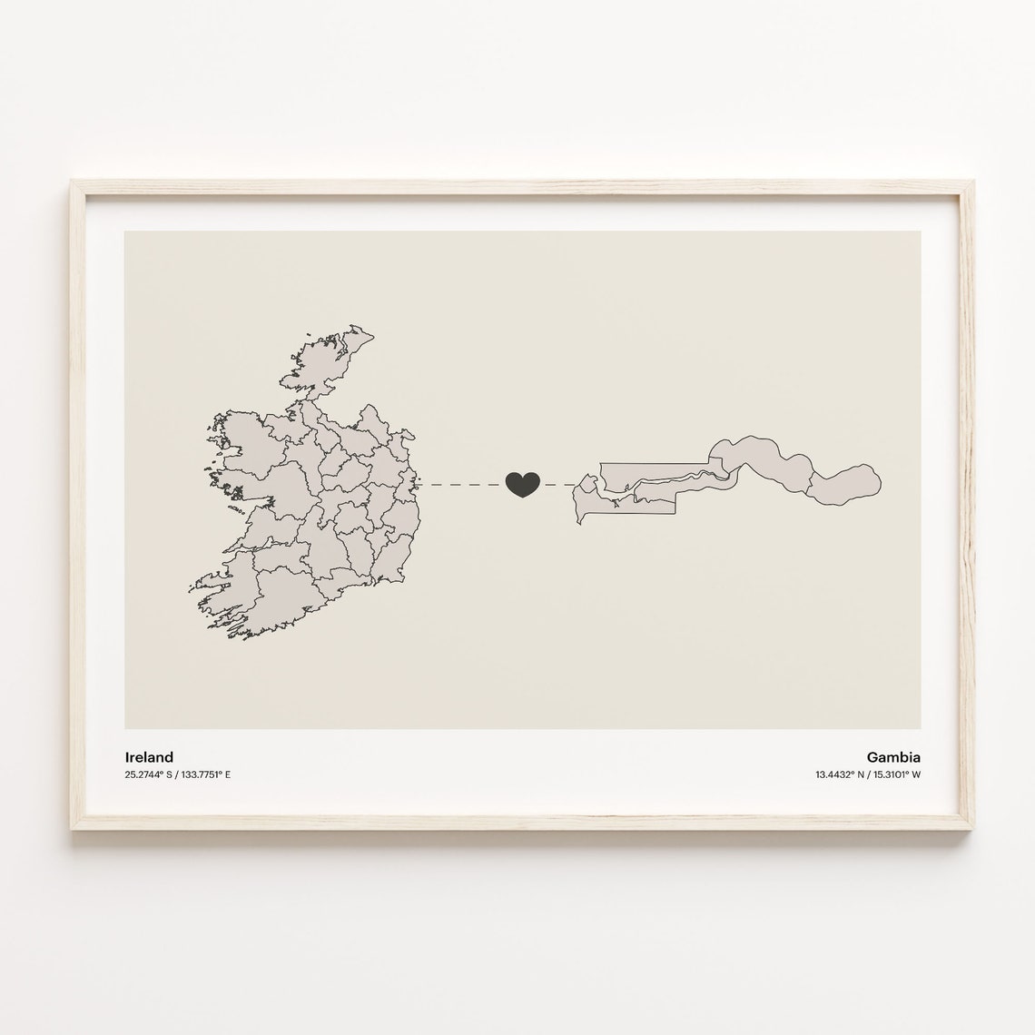 Ireland to Gambia Minimalist Heart Map Art Connection Poster