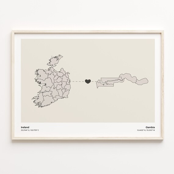Ireland to Gambia Minimalist Heart Map Art Connection Poster