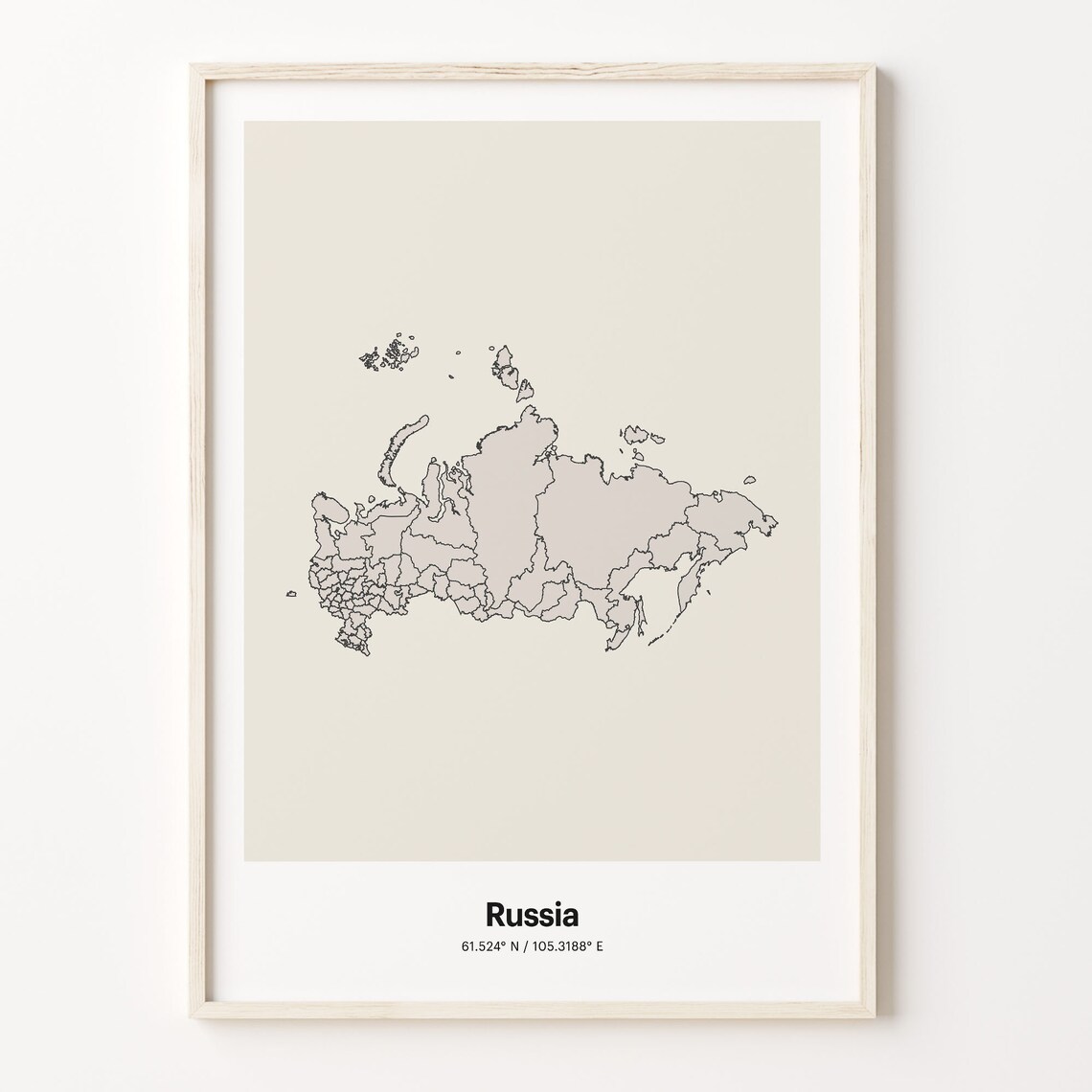 Russia Minimalist Map Poster With Printed Coordinates Neutral Home Decor