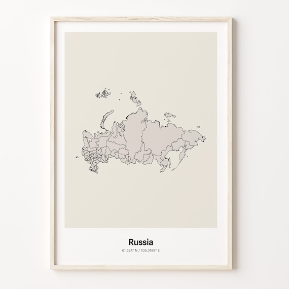 Russia Minimalist Map Poster With Printed Coordinates Neutral Home Decor
