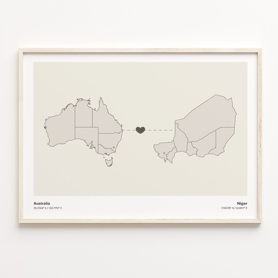 Australia Niger Long Distance Heart Map Minimalist Love Print
