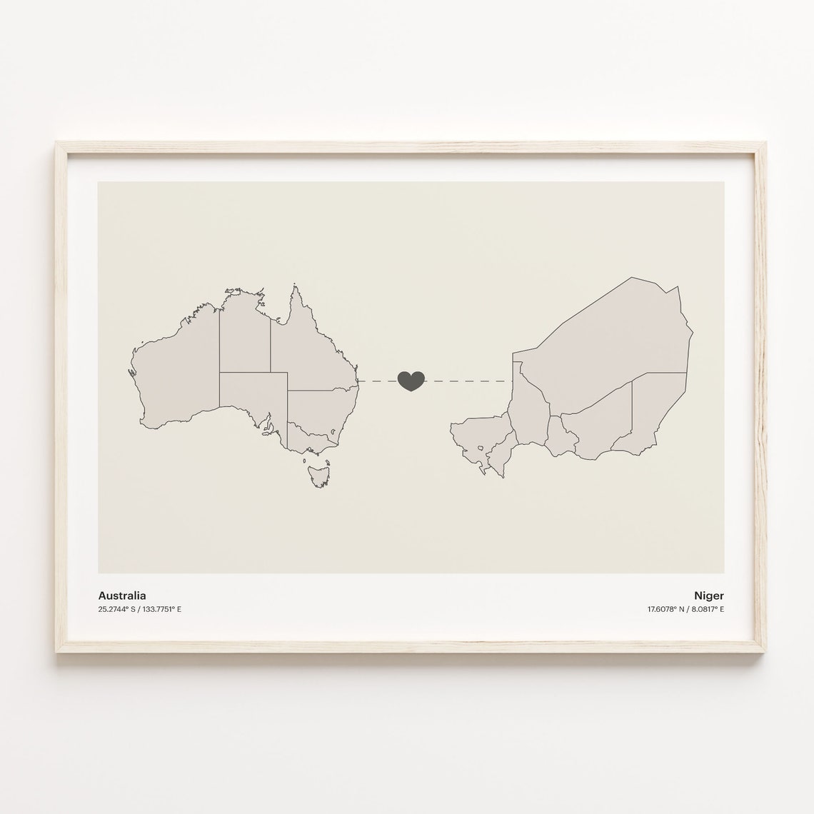 Australia Niger Long Distance Heart Map Minimalist Love Print