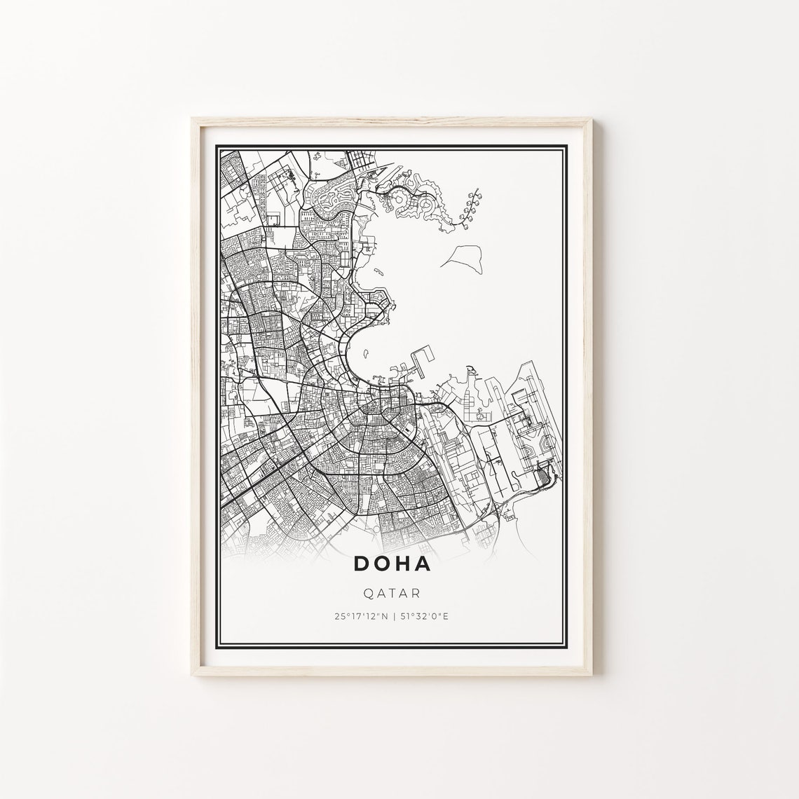 Doha Qatar Modern Black And White Street Map Coordinates Poster