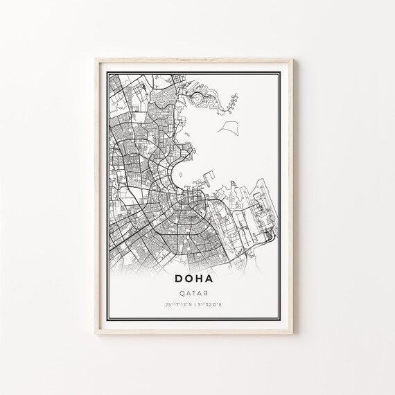 Doha Qatar Modern Black And White Street Map Coordinates Poster