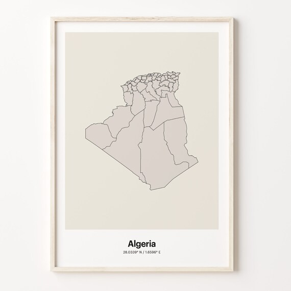 Algeria Minimalist Country Outline Map Beige Coordinate Line Art Poster