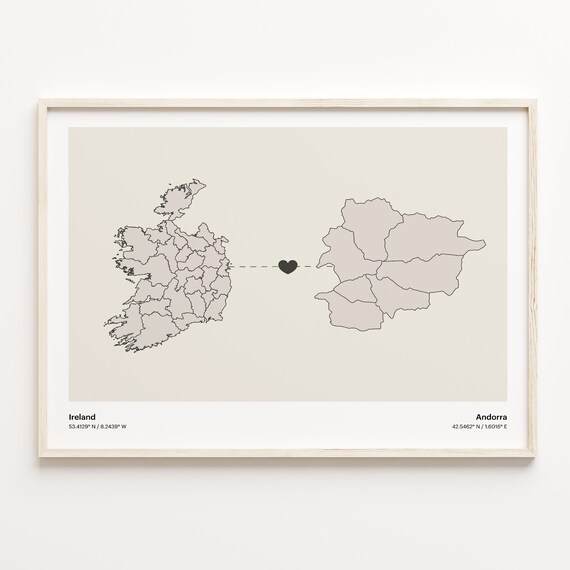 Ireland and Andorra Long Distance Love Country Connection Map Poster