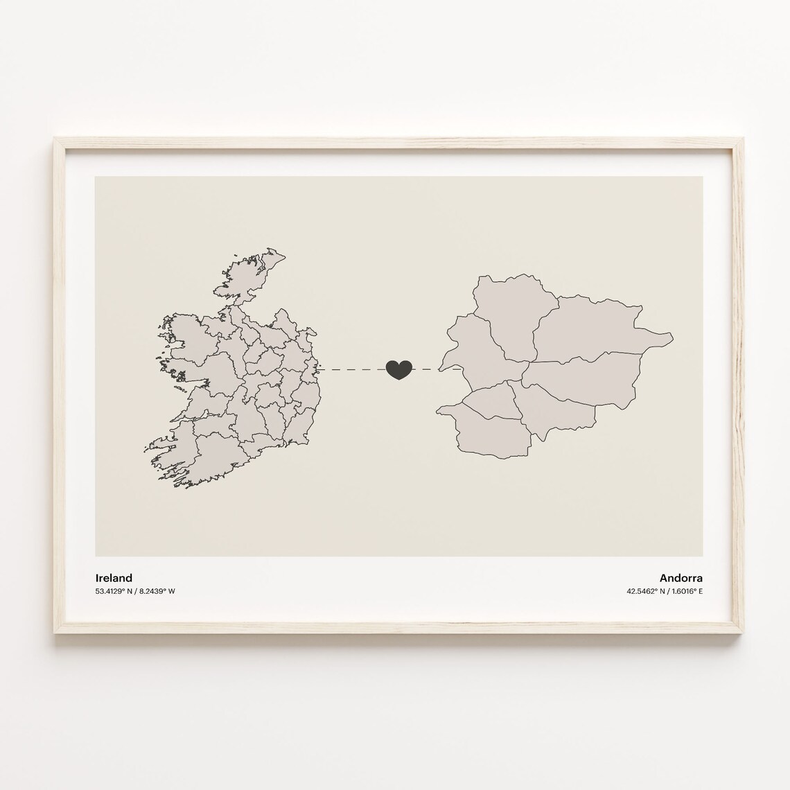 Ireland and Andorra Long Distance Love Country Connection Map Poster