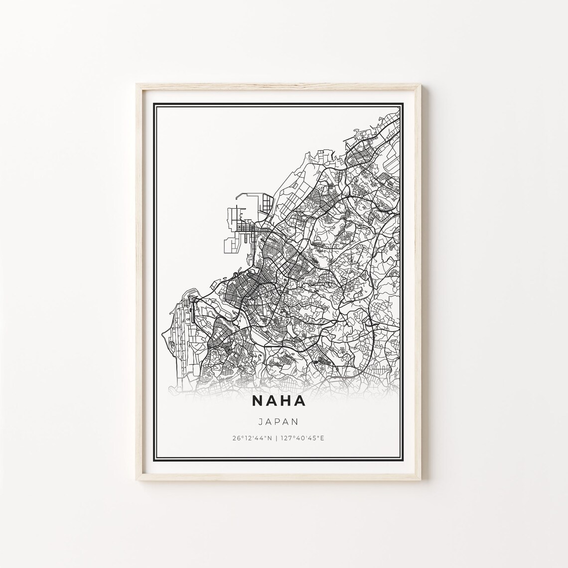 Naha Japan Minimalist Black And White City Map Art Poster With Coordinates