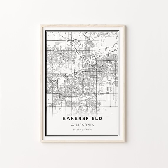 Bakersfield California Modern Minimalist Black White Street Map Poster