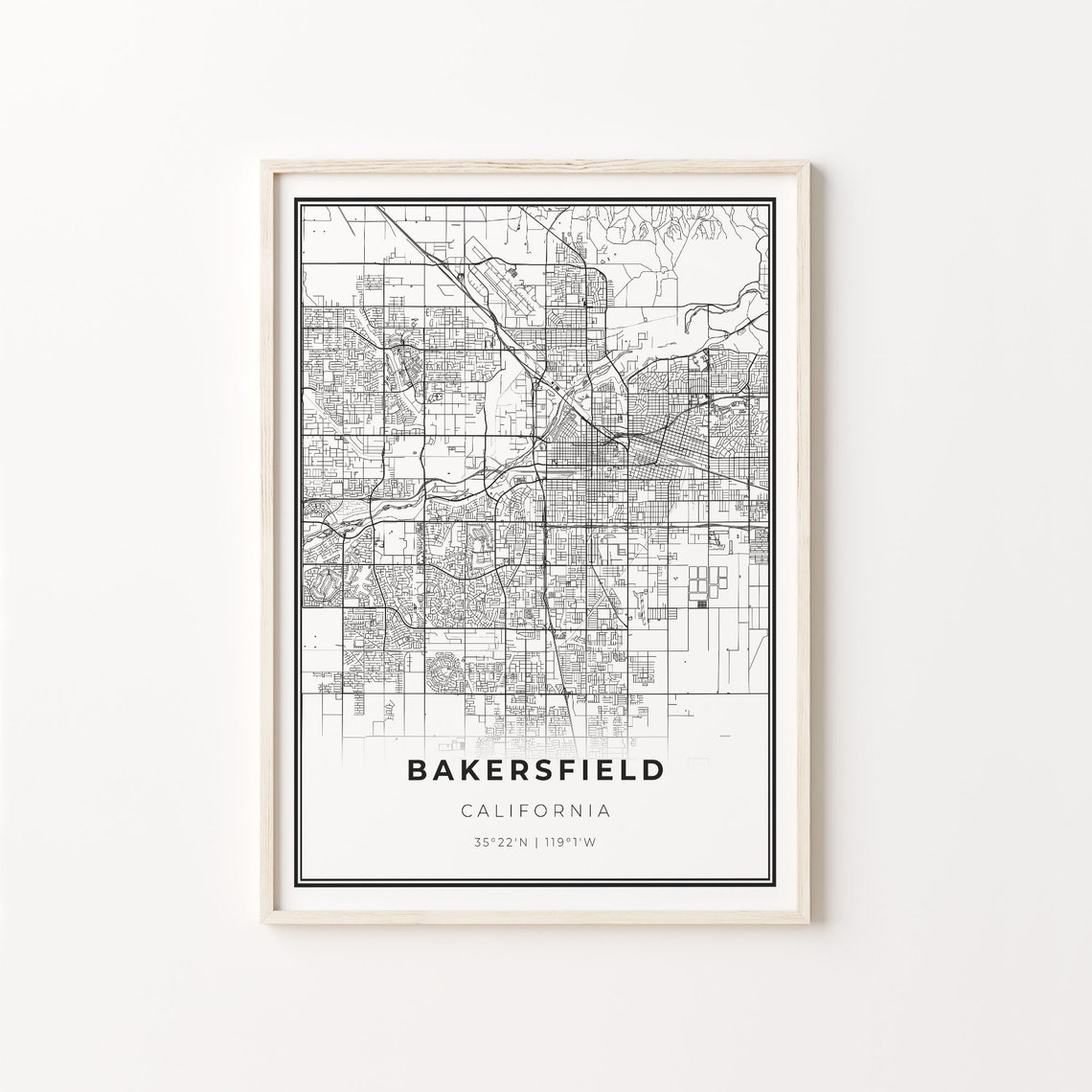 Bakersfield California Modern Minimalist Black White Street Map Poster