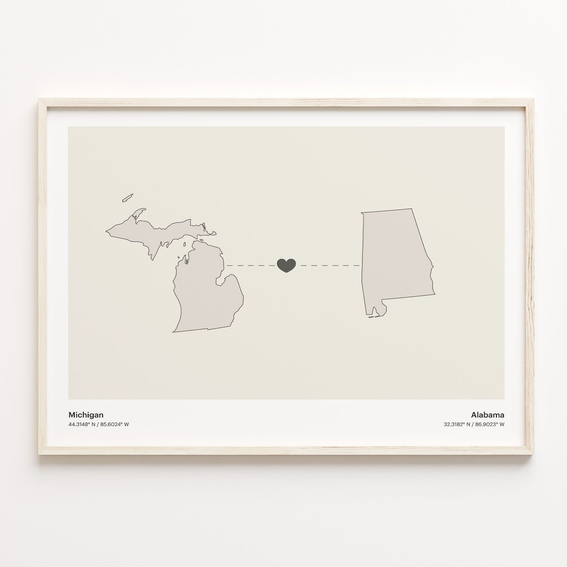 Michigan to Alabama Minimalist Long Distance Connection Map Poster
