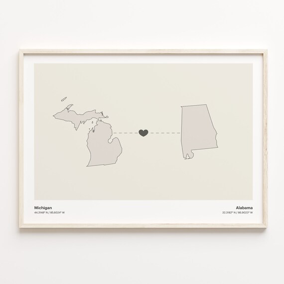 Michigan to Alabama Minimalist Long Distance Connection Map Poster