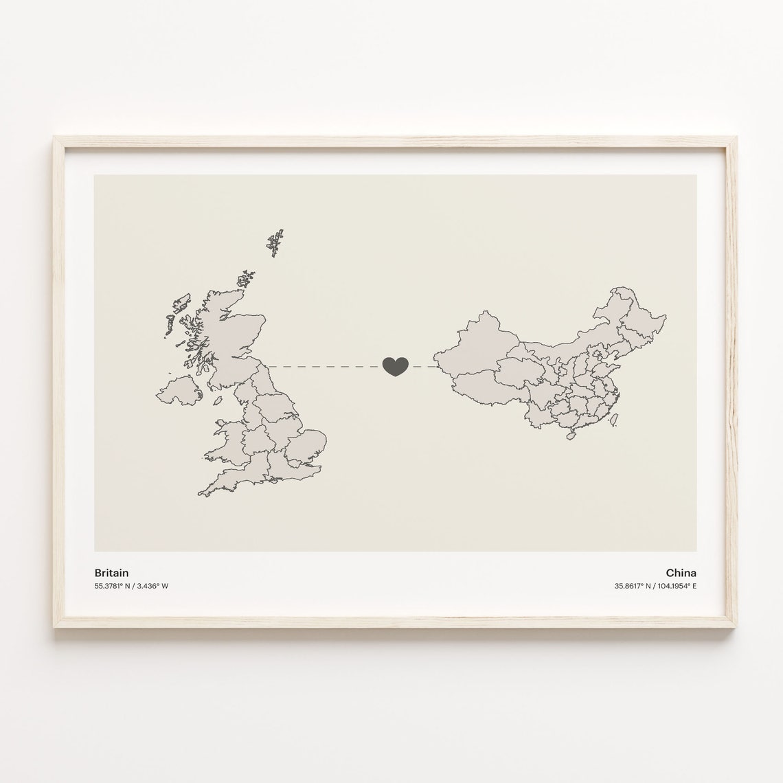 Britain to China Elegant Minimalist Long Distance Map Poster
