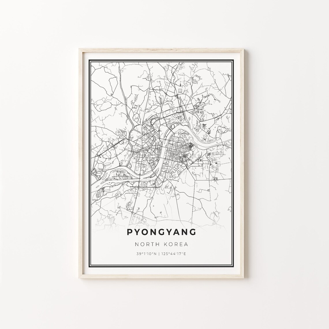 Pyongyang North Korea Black White Minimalist City Street Map Art Poster