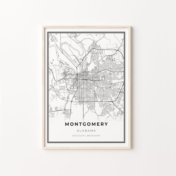 Montgomery Alabama Modern Minimalist Black White Street Map Poster