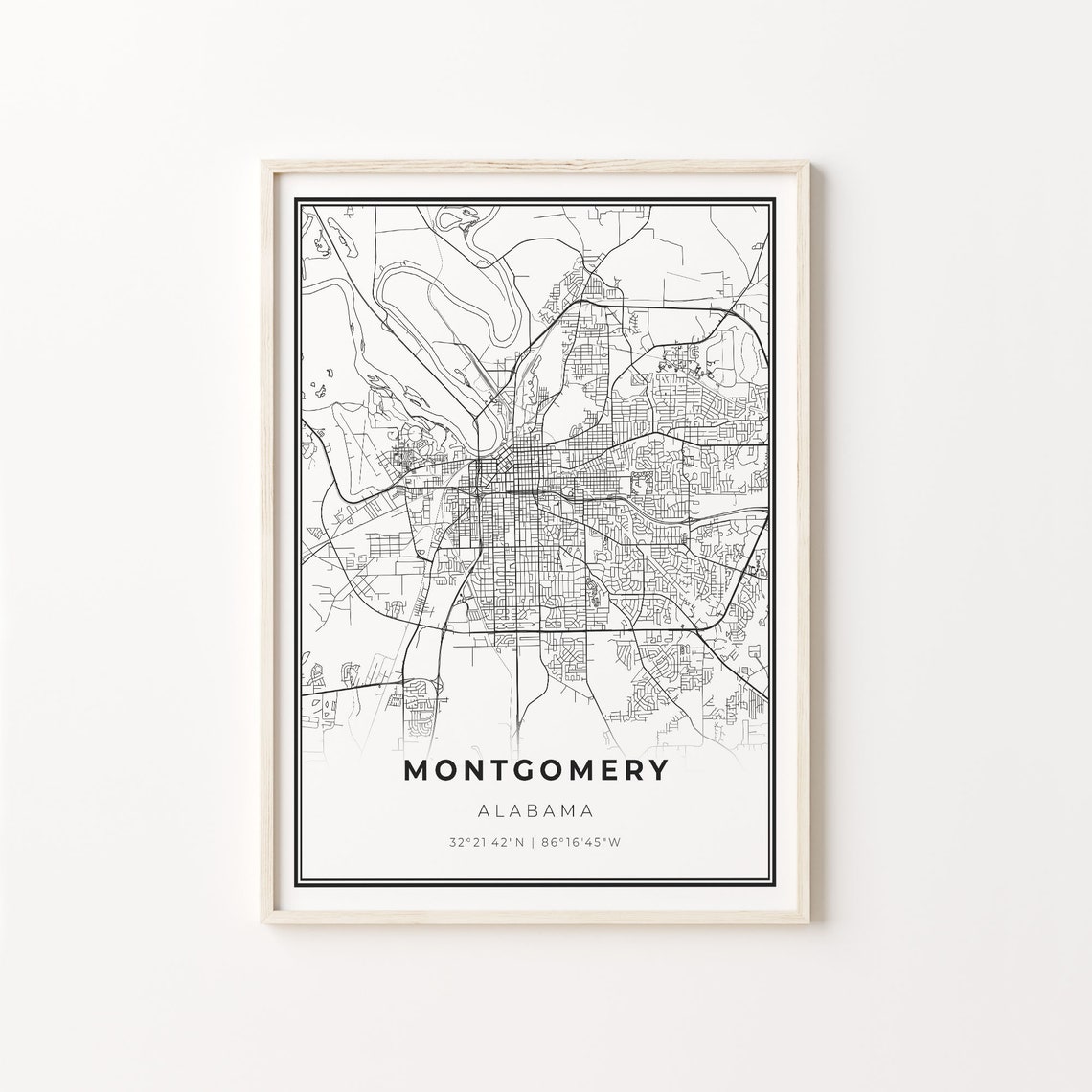 Montgomery Alabama Modern Minimalist Black White Street Map Poster