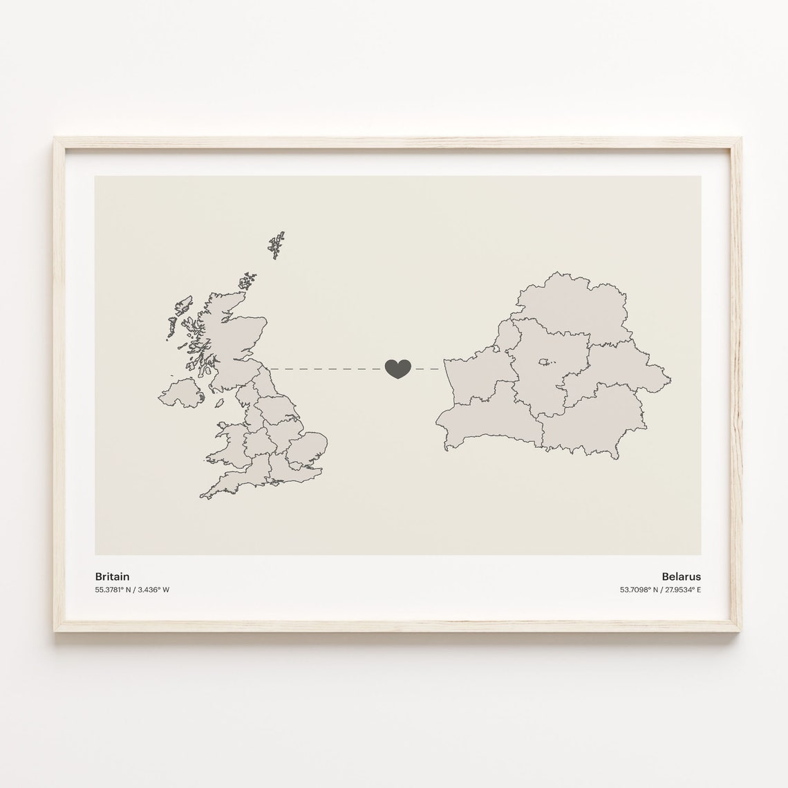 Britain to Belarus Long Distance Heart Map Connection Poster