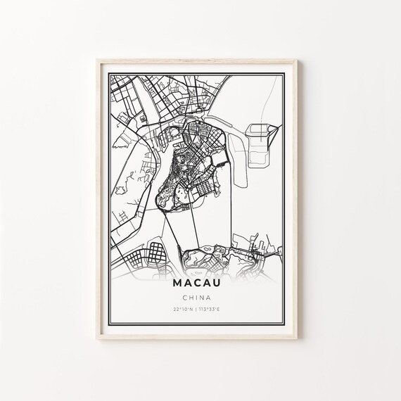 Macau China Black White Minimalist City Street Map Art Poster