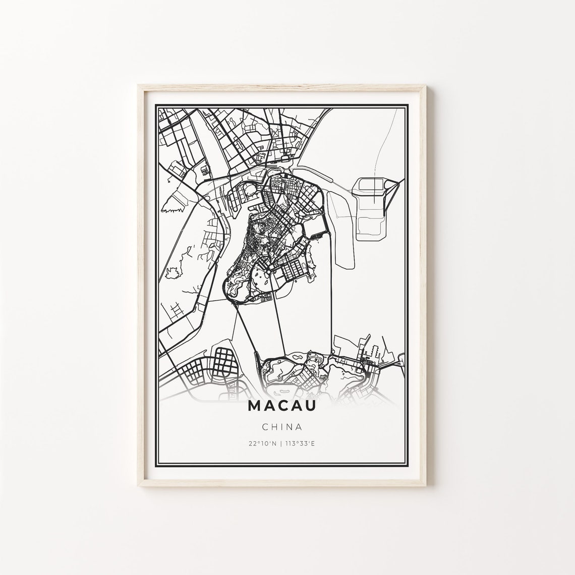 Macau China Black White Minimalist City Street Map Art Poster