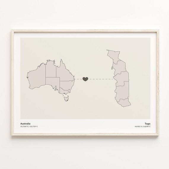 Australia To Togo Minimalist Map Heart Connection Gift Poster