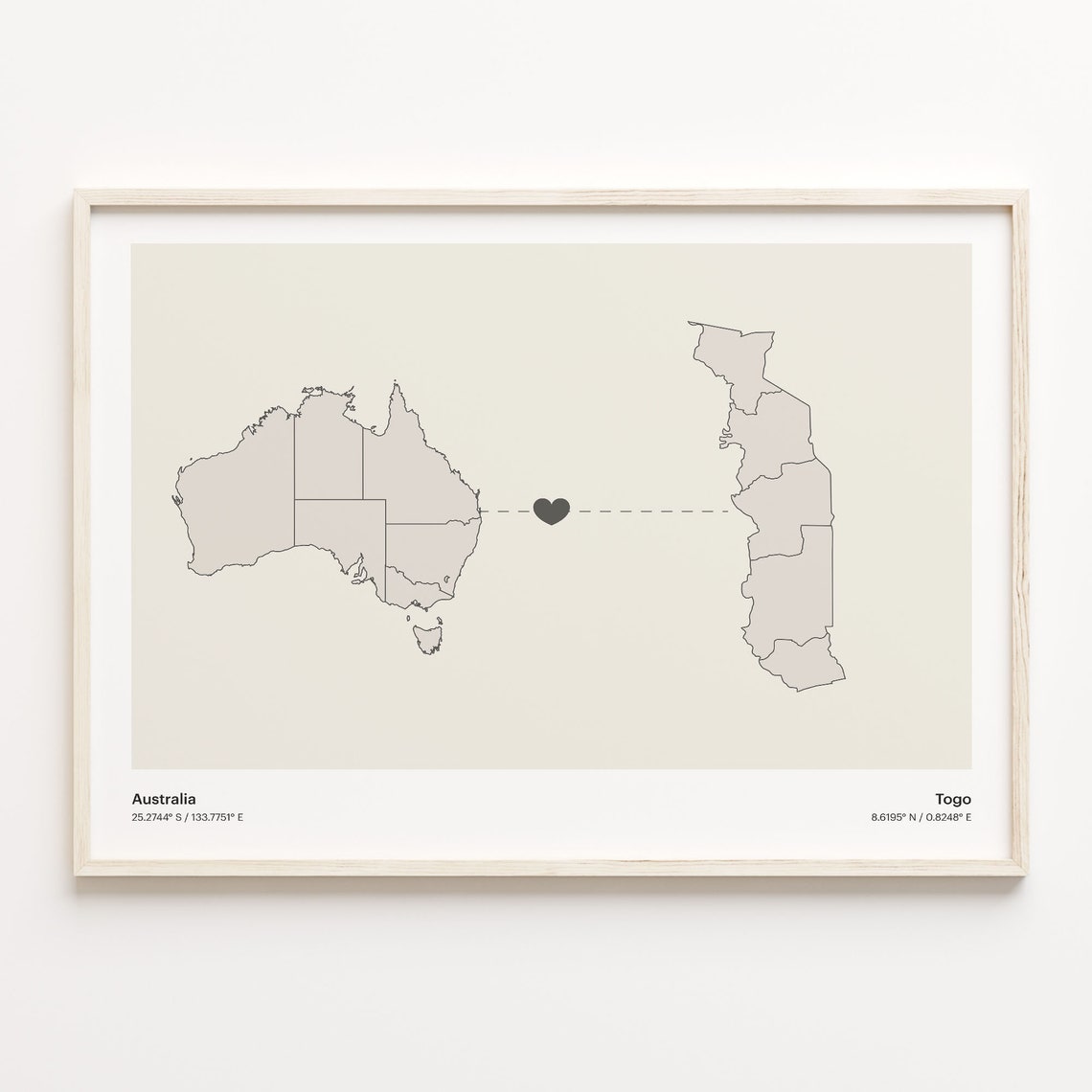 Australia To Togo Minimalist Map Heart Connection Gift Poster