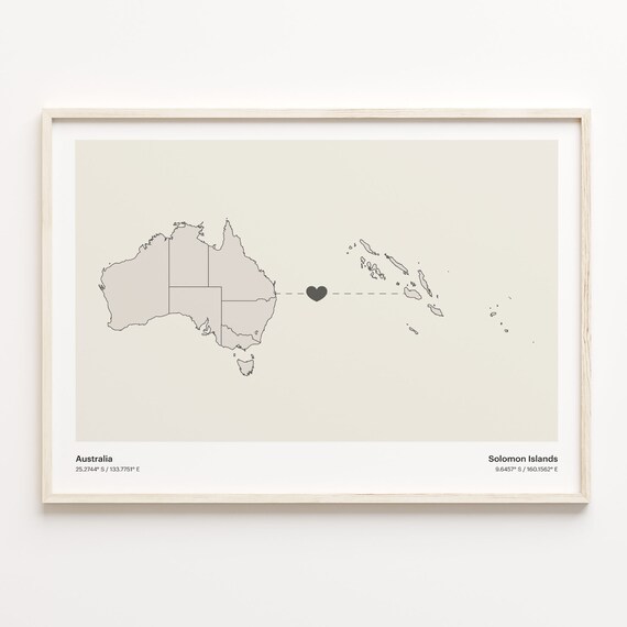 Australia to Solomon Islands Long Distance Heart Map Connection Poster