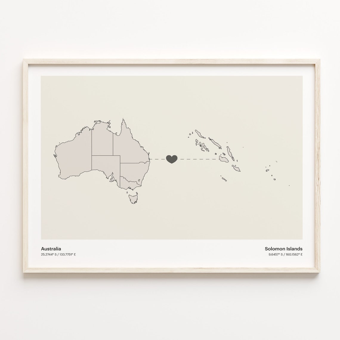 Australia to Solomon Islands Long Distance Heart Map Connection Poster