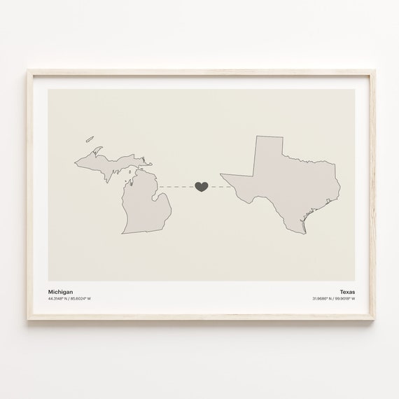 Michigan To Texas Travel Map Poster, Minimalist