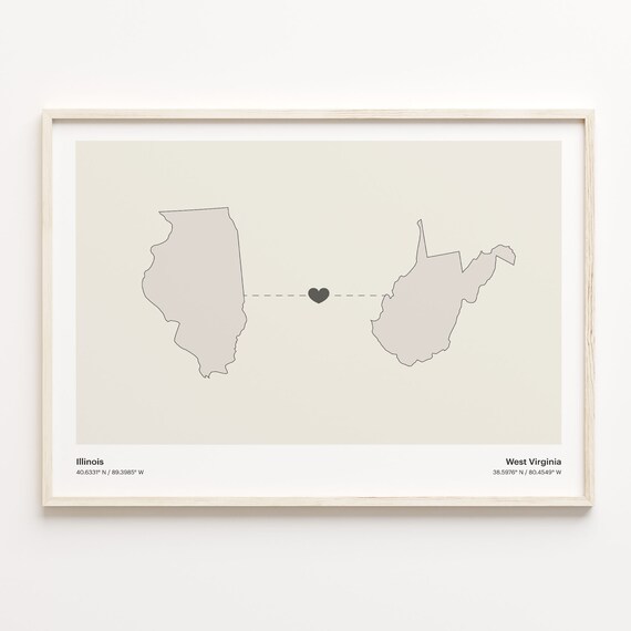 Illinois and West Virginia Couple Long Distance Love Heart Map Poster