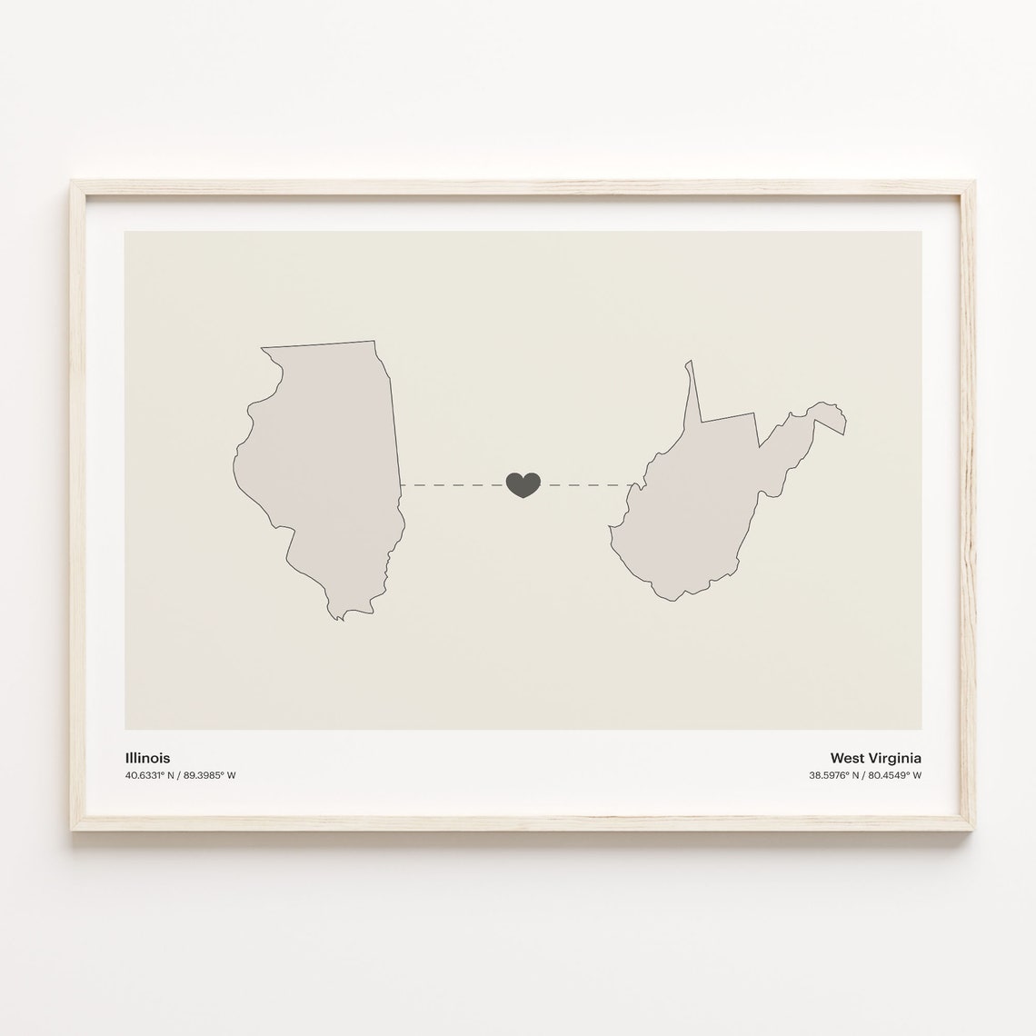 Illinois and West Virginia Couple Long Distance Love Heart Map Poster