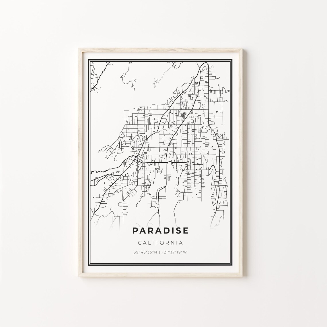 Paradise California City Map Street Line Art Black White Minimalist Poster