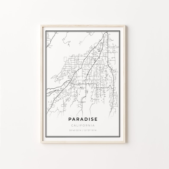 Paradise California City Map Street Line Art Black White Minimalist Poster