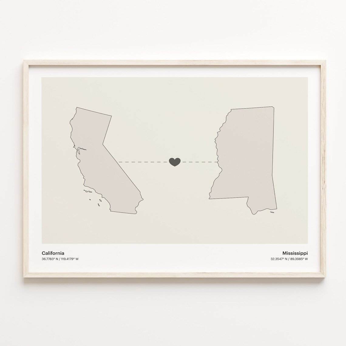 California and Mississippi Couple Long Distance Love Heart Map Poster