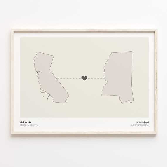 California and Mississippi Couple Long Distance Love Heart Map Poster
