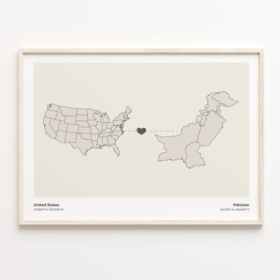 United States to Pakistan Connection Map Poster Heart Love Design