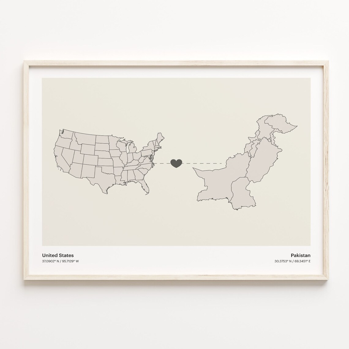 United States to Pakistan Connection Map Poster Heart Love Design