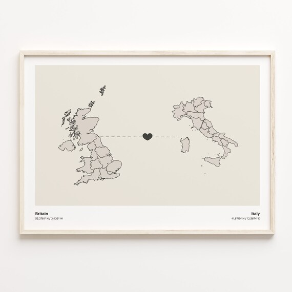Britain Italy Heart Connection Long Distance Love Map Poster