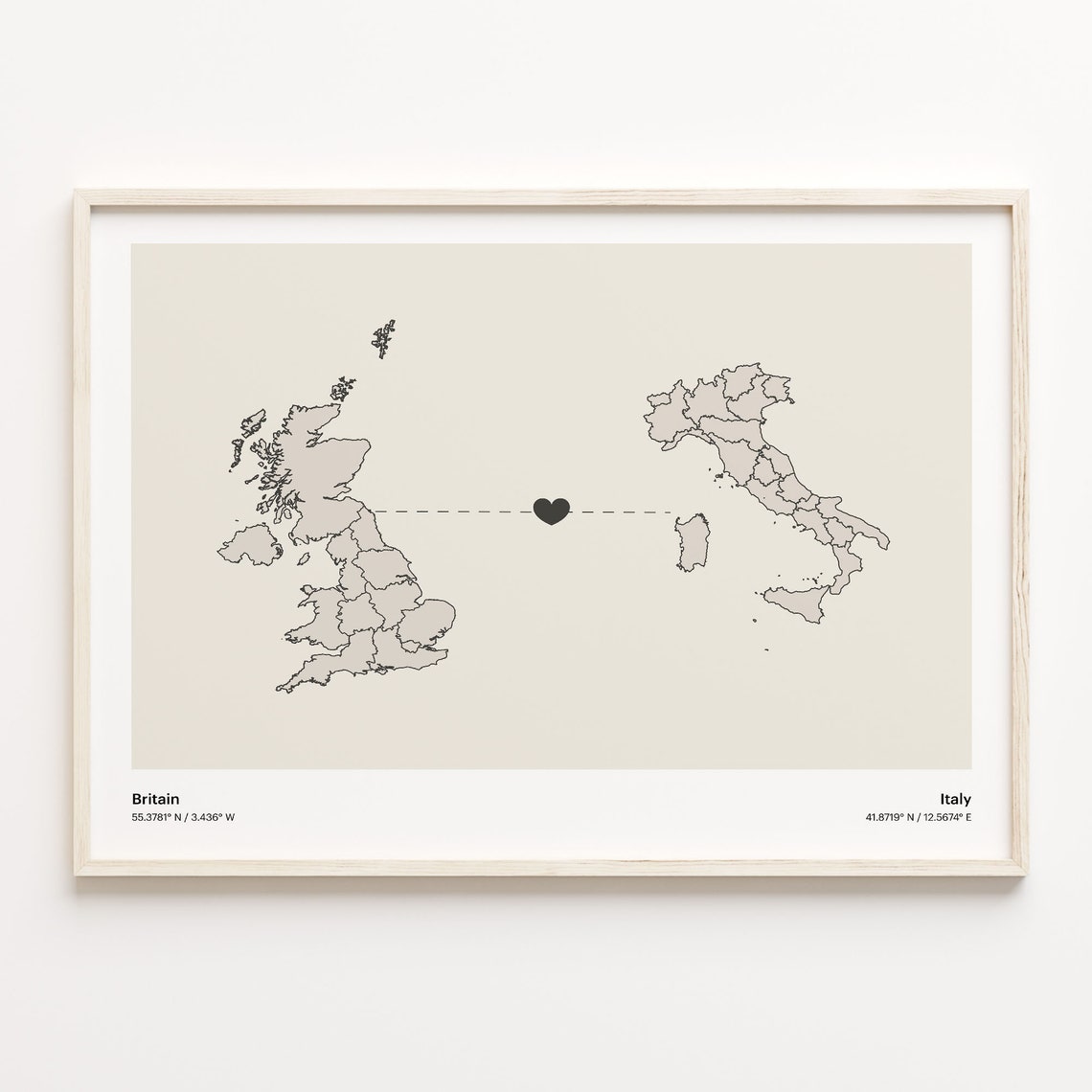 Britain Italy Heart Connection Long Distance Love Map Poster