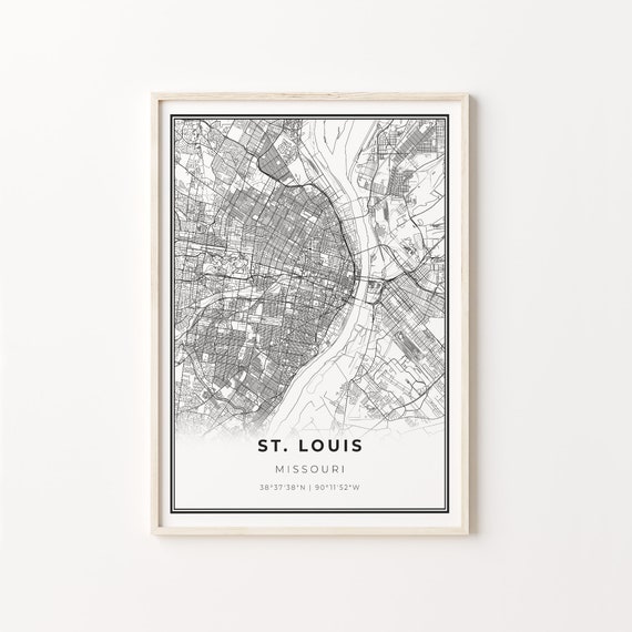 St. Louis City Map Art Print, Modern Black and White