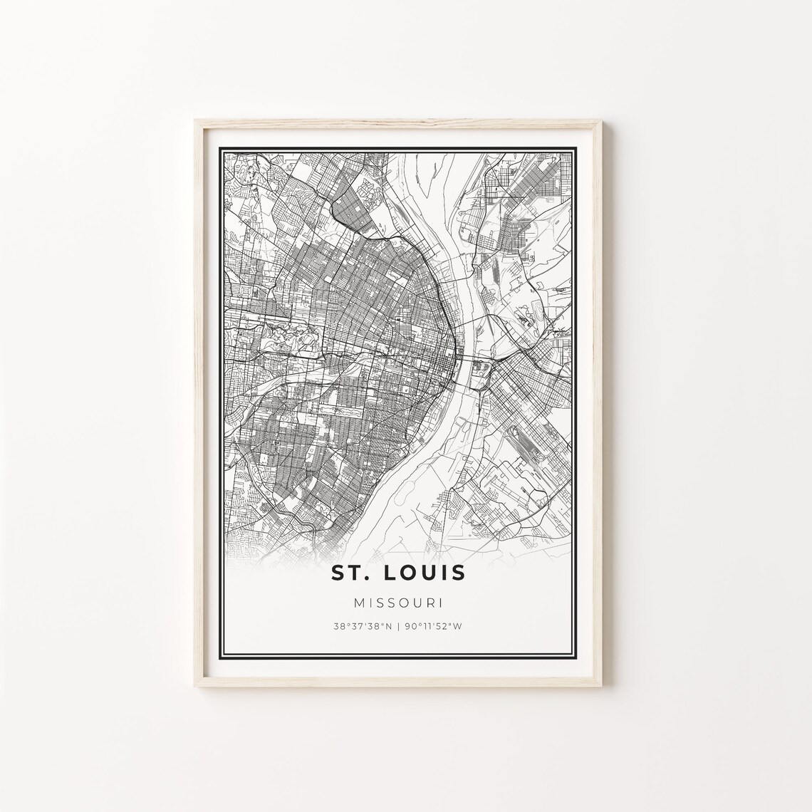 St. Louis City Map Art Print, Modern Black and White