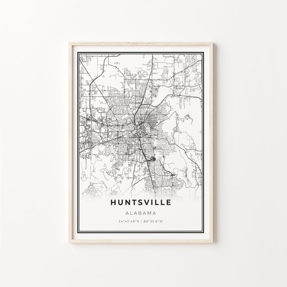 Huntsville City Map Art Print, Modern Black and White