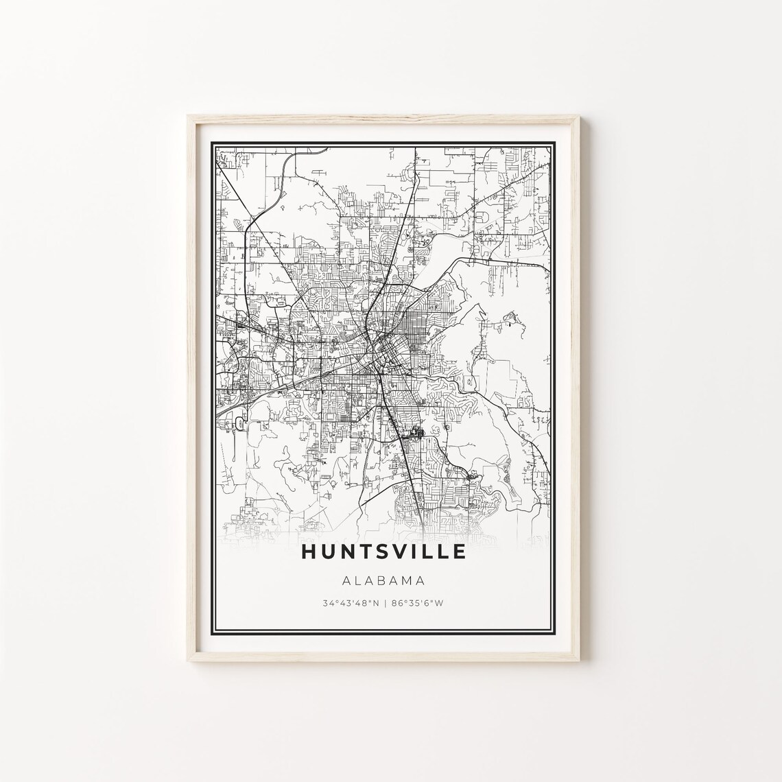 Huntsville City Map Art Print, Modern Black and White