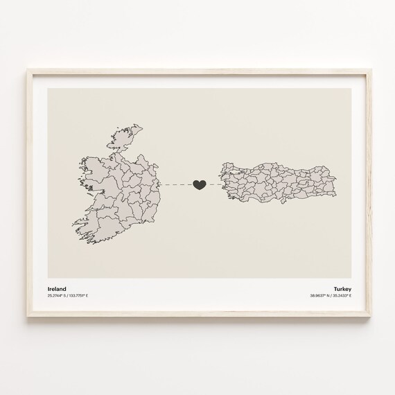 Ireland to Turkey Long Distance Heart Map Minimalist Connection Poster