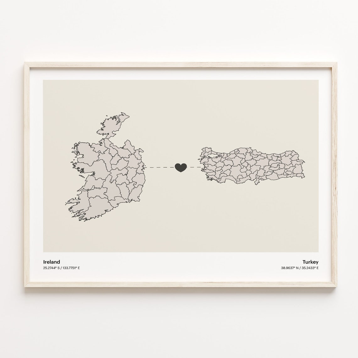 Ireland to Turkey Long Distance Heart Map Minimalist Connection Poster
