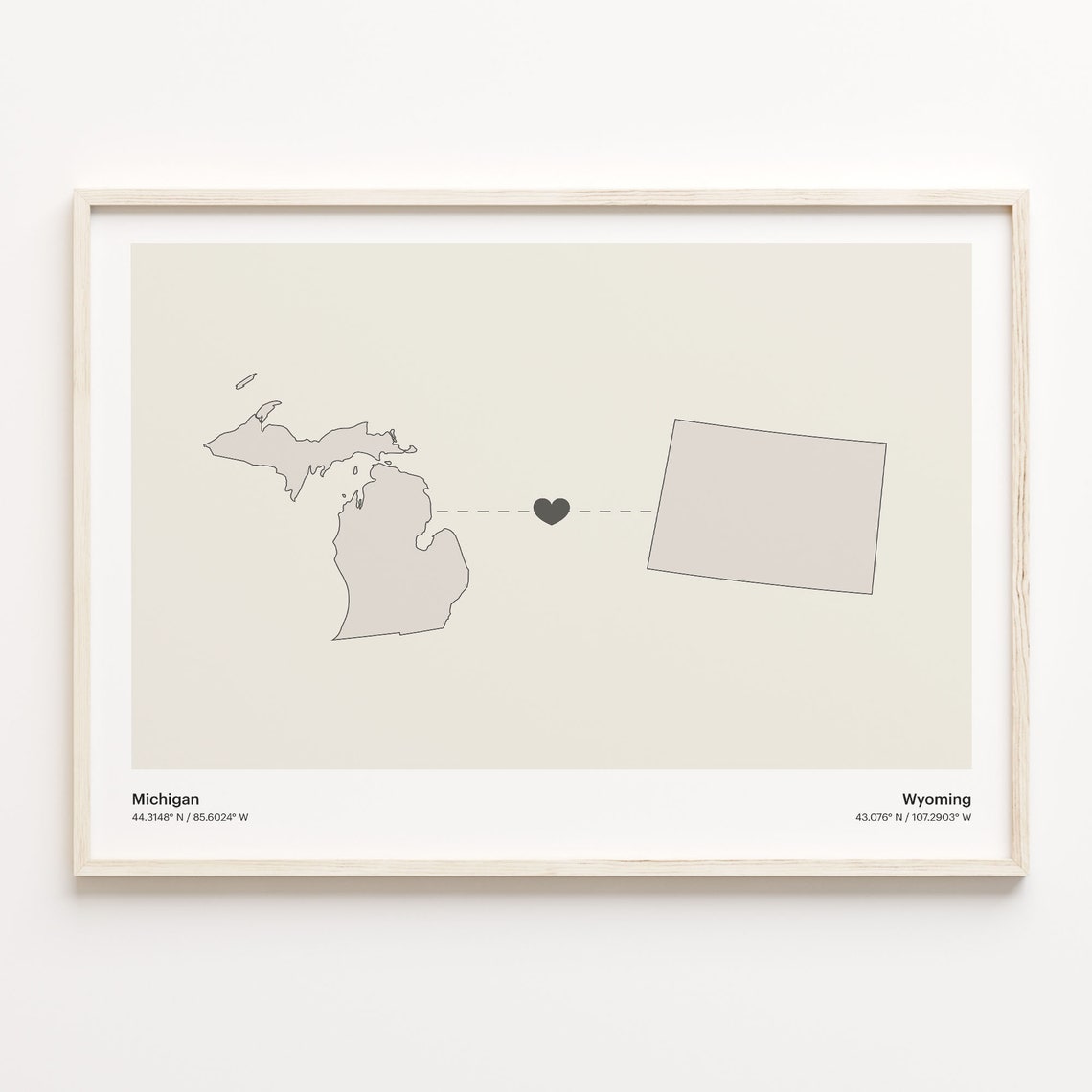 Michigan And Wyoming Long Distance Love Minimalist Heart Map Poster