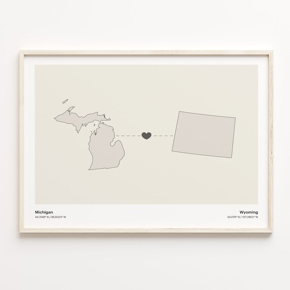 Michigan And Wyoming Long Distance Love Minimalist Heart Map Poster