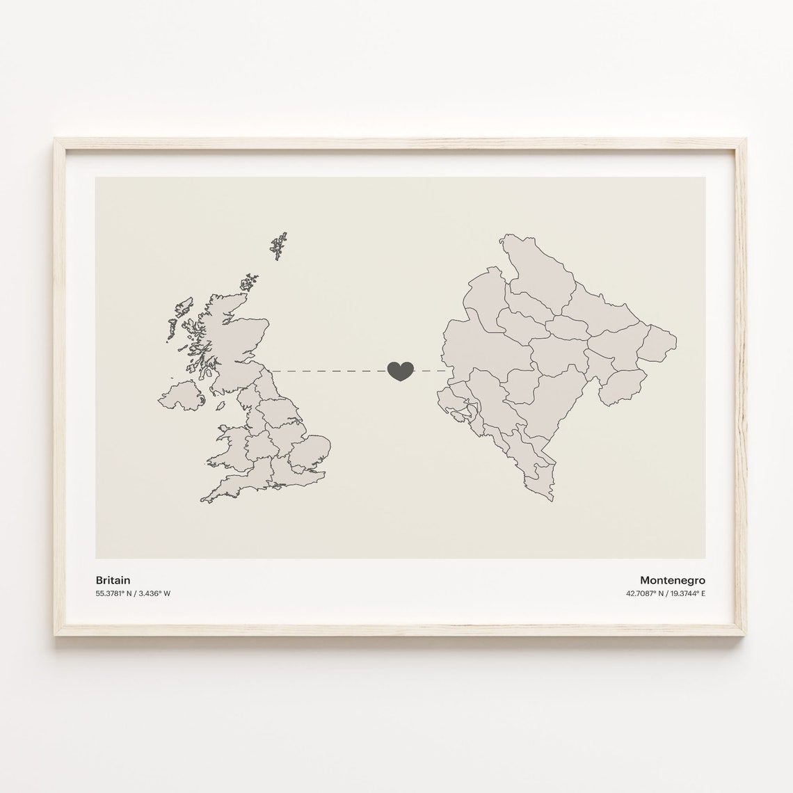 Britain to Montenegro Minimalist Country Connection Map Art Poster